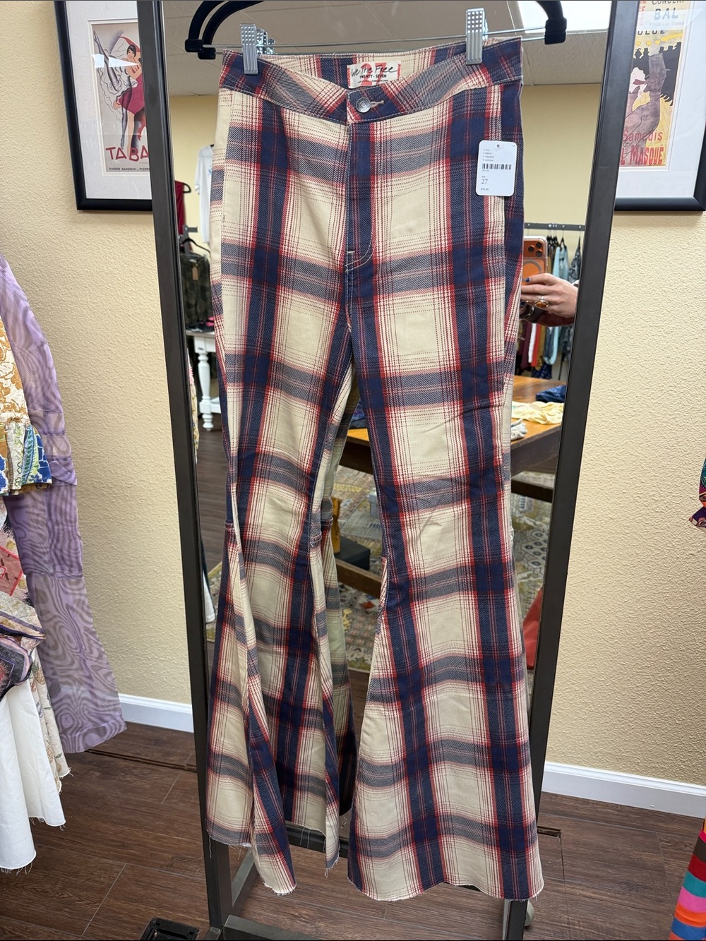 RARE we the free NWT 27 float on flare Plaid Flared Pants in Navy, Red & Cream